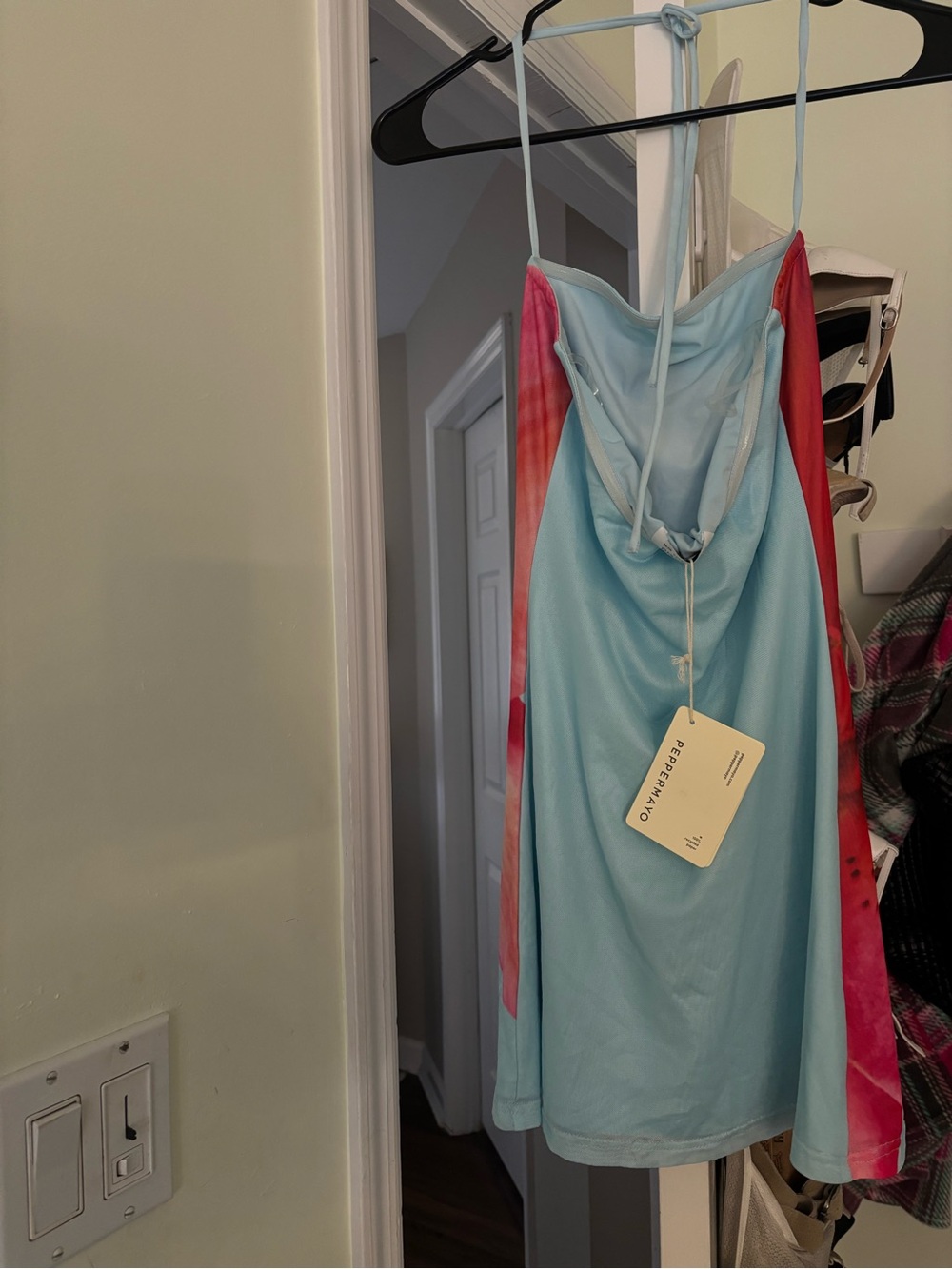 Peppermayo Light Blue Mini Dress with Pink-Red Side Panels